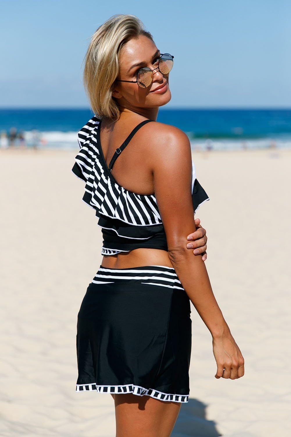 boldgal women's bathing swim one-shoulder ruffle striped tankini (black)