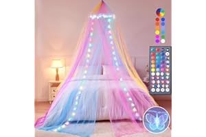 LOVELITE Rainbow Bed Canopy for Girls, Princess Canopy Bed Curtain with 34 Colors Changing Butterfly Lights Remote Timer for Girls Bedroom, Hanging Canopy for Twin Full Queen King Kids Bed Decor