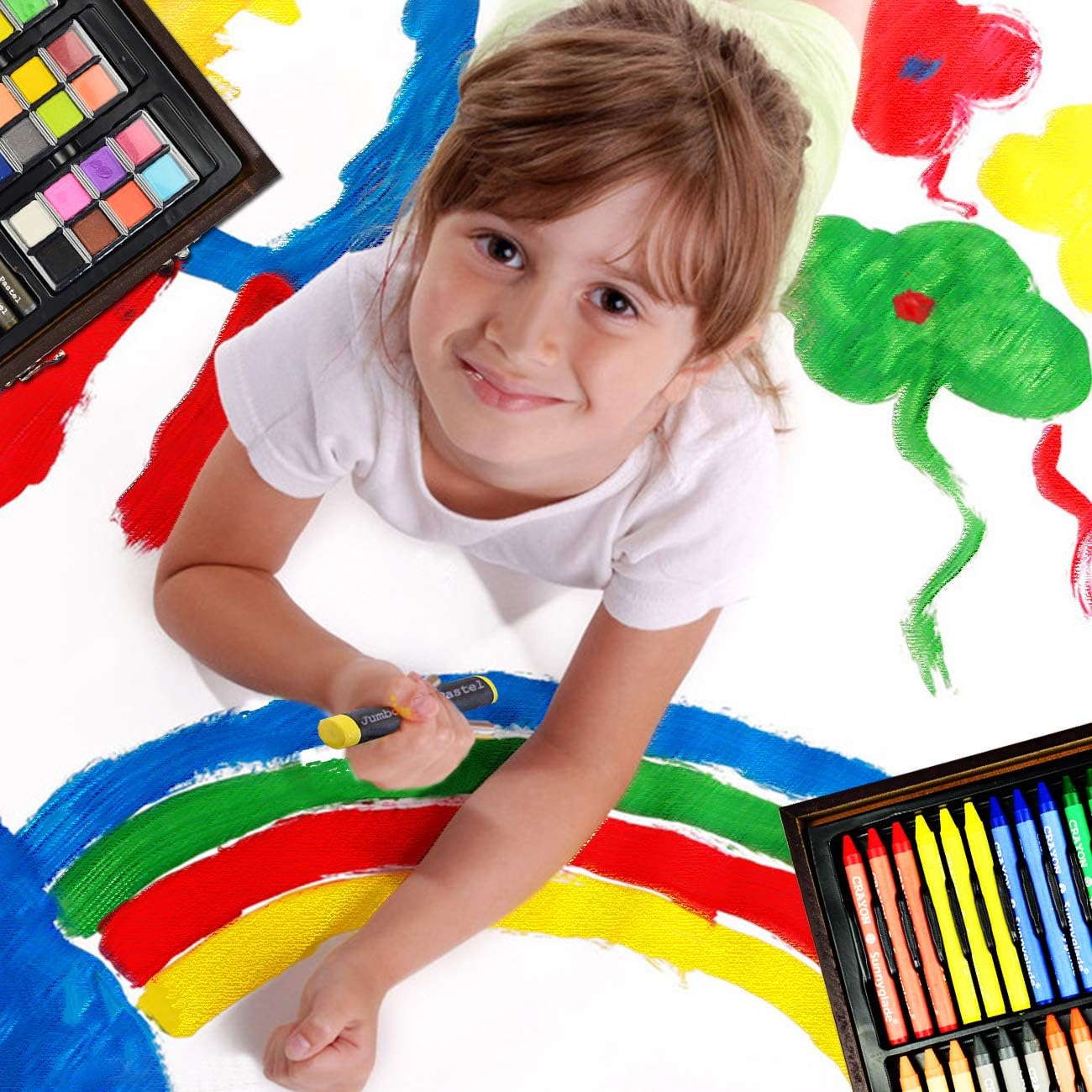 Sunnyglade 145 Piece Deluxe Art Set, Wooden Art Box & Drawing Kit with Crayons, Oil Pastels, Colored Pencils, Watercolor Cakes, Sketch Pencils, Paint Brush, Sharpener, Eraser, Color Chart