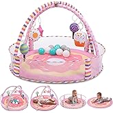4-in-1 Baby Play Mat & Baby Play Gym,Baby Girl Play Mat Activity Gym, Pink Donut Tummy Time Mat for Babies and Toddlers, Infant Activity Center for Newborn to Develop Motor Cognition