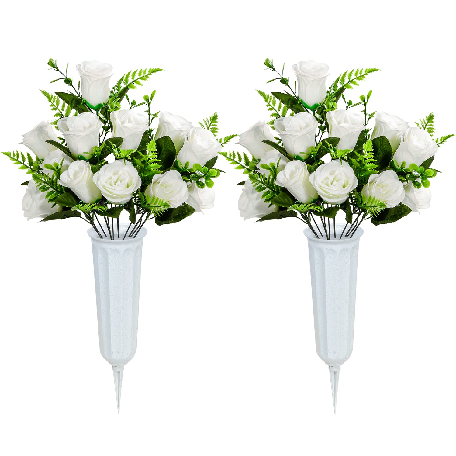 SIFOEL Artificial Cemetery Flowers with Vase, Artificial Rose Bouquet Grave Memorial Flowers for Cemetery Headstones Decoration (White-2Pcs) — image 1