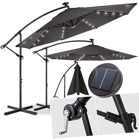 Kesser® Alu Ampelschirm Ø 300 cm?LED ?mit An-/Ausschalter ?Solarpanel ? Kurbelvorrichtung ?UV-Schutz ?Aluminium ?Wasserabweis