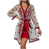 OYOANGLE Women's Satin Nightgown Robe Set 2 Piece Sheer Mesh Floral Embroidered Cami Nightwear