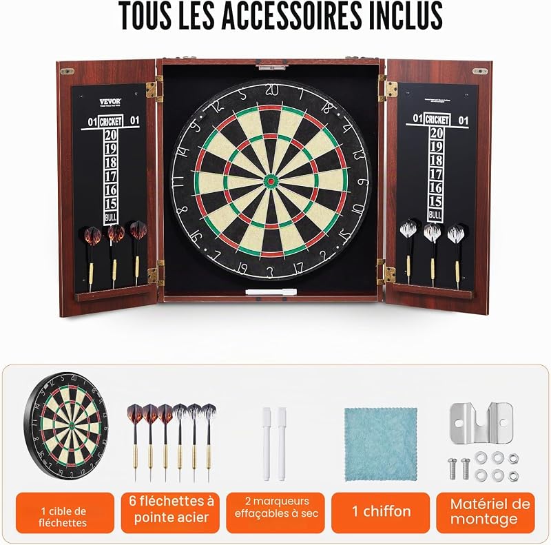 Cible de Fléchettes et Armoire Prêt à Jouer, Armoire à Fléchettes de Taille Officielle, Jeu de Fléchettes à Pointe en Acier, Assemblage Facile, Accessoires Complets, pour Jeux de Cricket