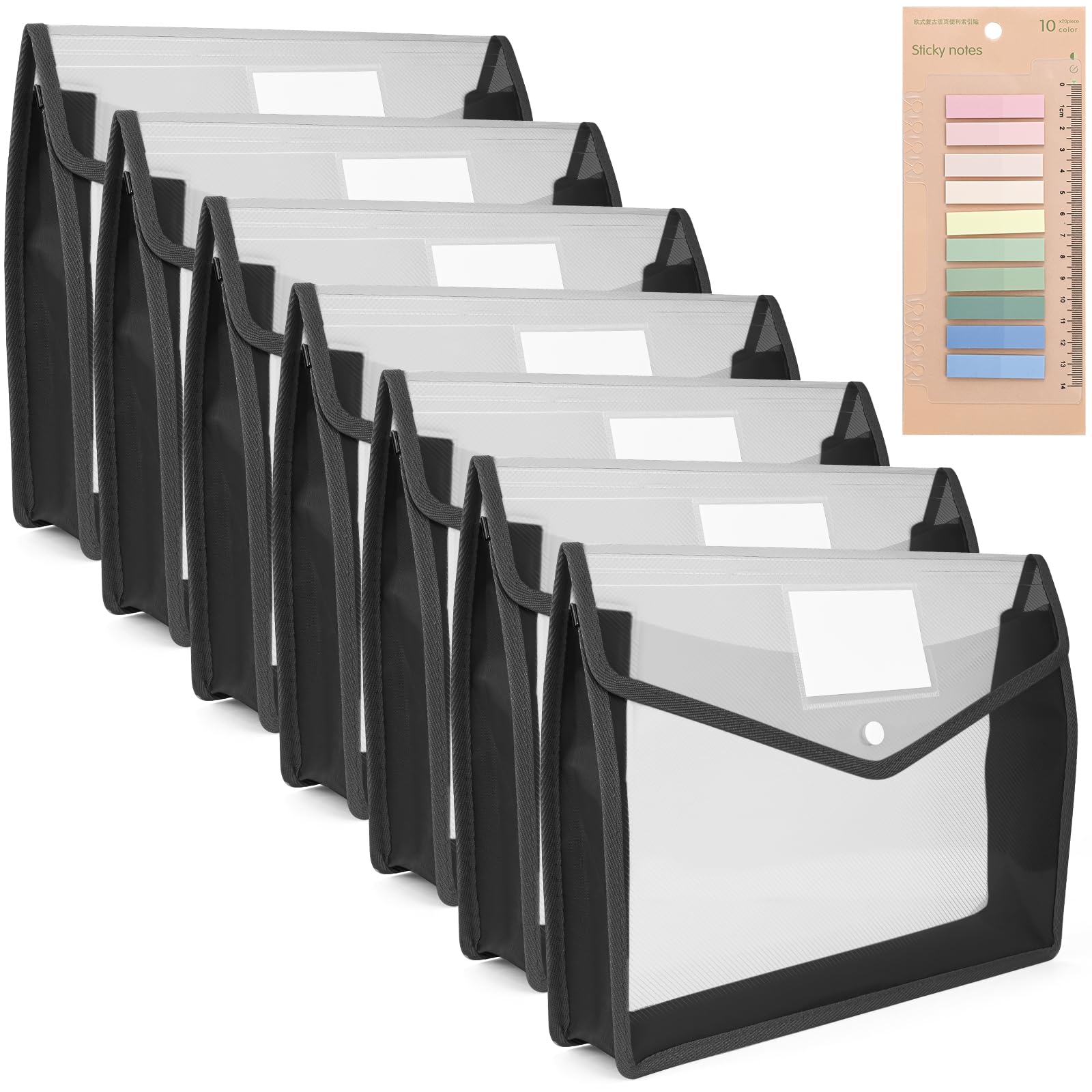 7 Pack Plastic File Folders & 200 Stickers Plastic Document A4 Folder Waterproof Pockets Files Envelope with Snap Closure Card Slot Expanding File Folder A4