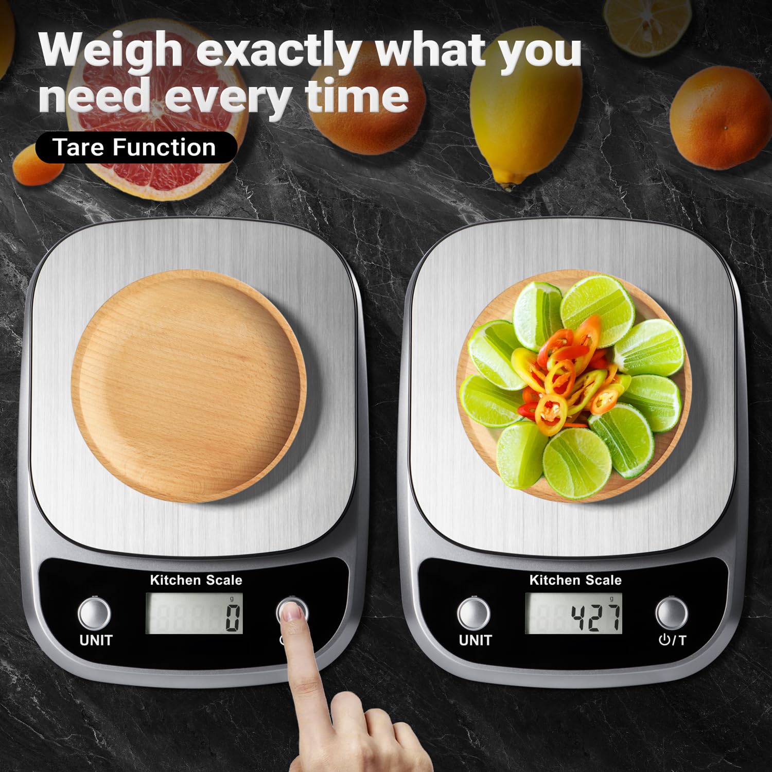 GRAM PRES Lebensmittel Küchenwaage Digital Gewicht Gramm und Oz, Professionelle digitale Küche Lebensmittelwaage 10kg/1g für Gewichtsverlust Diät Backen Kochen, Edelstahl Wiegeplattform, LCD-Display 3