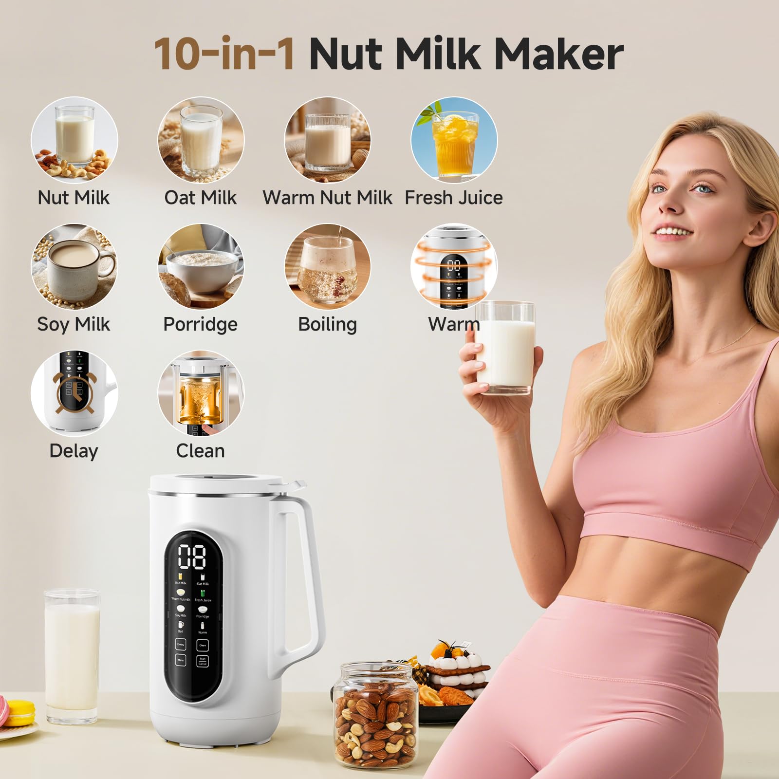 Máquina para hacer leche de nueces de 40 oz, máquina para hacer leche de nueces 10 en 1 para leche de almendras casera, leche de soja, avena y bebidas no lácteas, máquina para hacer leche de soja con 10 cuchillas, inicio retardado, mantener caliente, limpieza automática, ebullición
