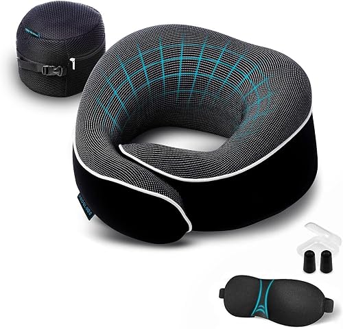 Proglobe Orthopedic Neck Pillow Travel Neck Pillows for Airplanes, Memory Foam Kit, Airplane Travel Set with 3D Contoured Eye Masks, Earplugs, and Luxury Mesh Bag