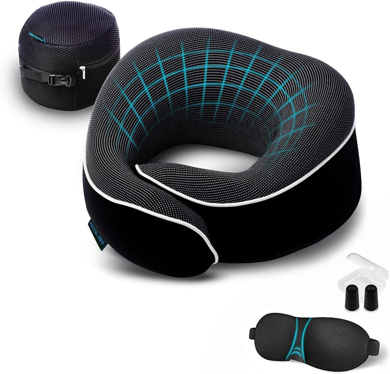 Proglobe Travel Pillow, Memory Foam Neck Pillow Set, Orthopedic Pillow, Travel Essentials for Flying, Kit with 3D Contoured Sleep Mask and Luxury Mesh Bag (Black)