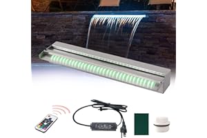 PONDO 24" Water Pool Fountain 304 Stainless Steel Lighted Pool Waterfall Spillway with Wider Water Flow Platform, Multi-Color LED Strip Light with Remote Control for Indoor, Garden, Outdoor Decoration