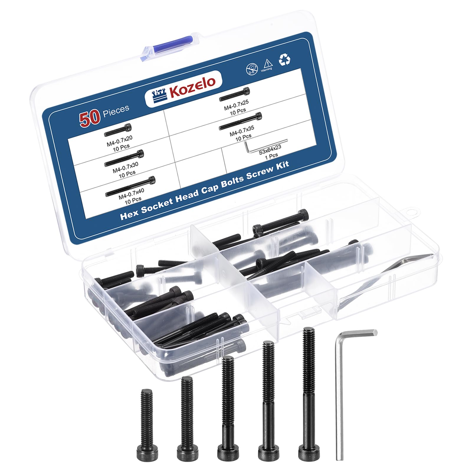 Kozelo 50pcs M4 Socket Head Cap Screws Bolts Nuts Assortment Kit - [M4x20/25/30/35/40mm] Alloy Steel Fully Threaded Black Oxide 12.9 Internal Hex Screw for 3D Printer Use, with Wrench