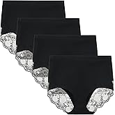 LIQQY Women's Combed Cotton Lace Full Coverage High Rise Seamless Brief Panty Underwear 4 Pack