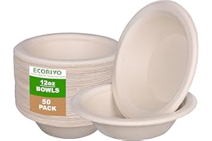 ECORIYO Disposable Paper Bowls 12oz - 50-Pack of Compostable Bowls, Biodegradable Disposable Bowls for Hot Soup and Dessert from Sugarcane Fibers - Party Bowls Bulk Pack