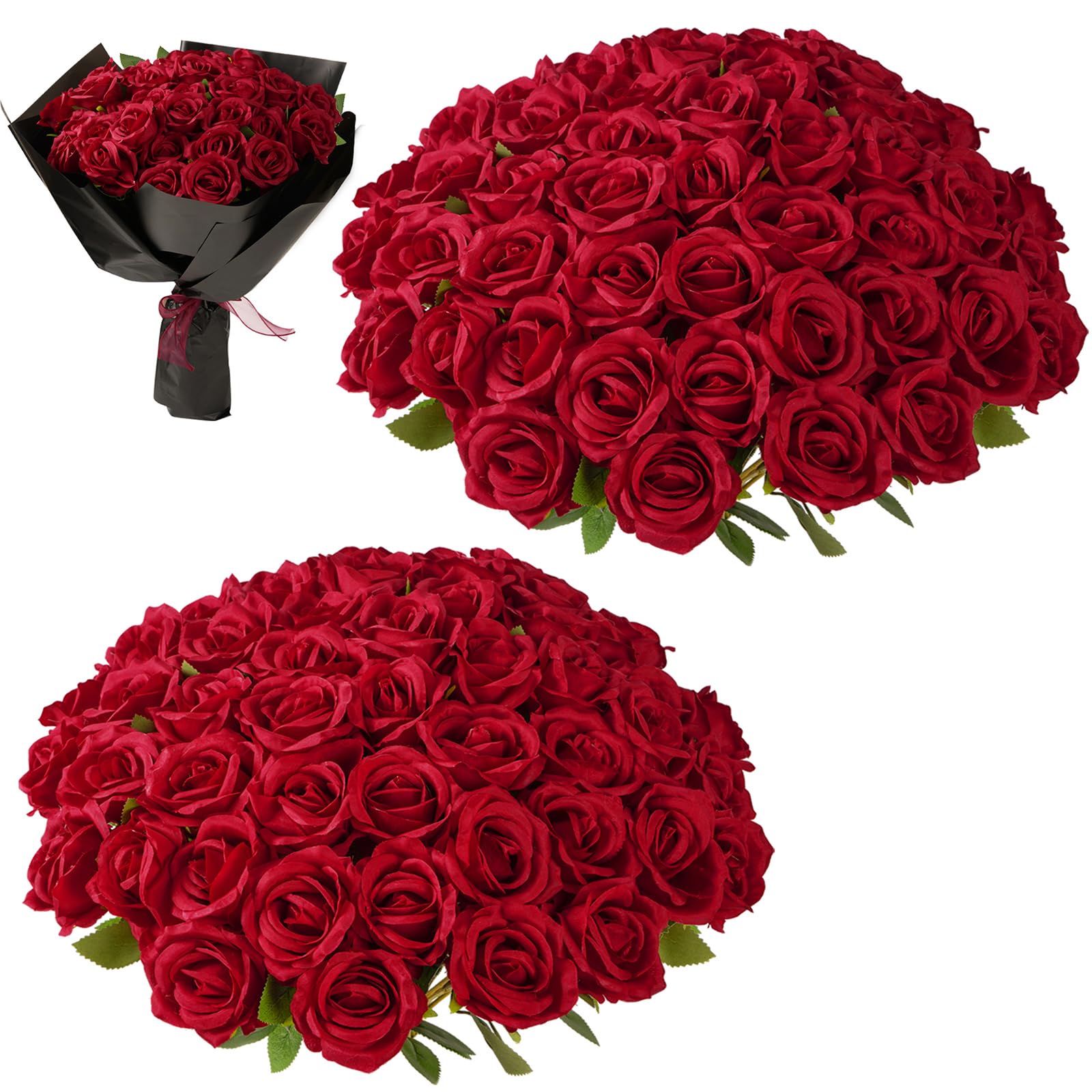 Photo 1 of Fanfantoey Red Roses Artificial Flowers Bulk, 52Pcs Fake Roses Flower Arrangement, DIY Silk Flowers Roses Bouquet, Realistic Faux Artificial Roses for Mother's Day Home Table Decor