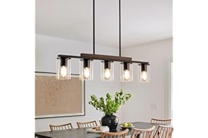 huong son Dining Room Light Fixtures, 5-Light Farmhouse Island Lighting for Kitchen, Black and Wood Pendant Lighting Over Table, Linear Chandelier for Dining Table Living Room
