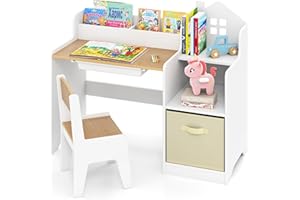 INFANS Kids Table and Chair Set, Toddler Art Craft Play Wood Activity Desk with Chairs Storage Canvas Bin for Writing Drawing, Children Furniture for Daycare Nursery Boys Girls 3+