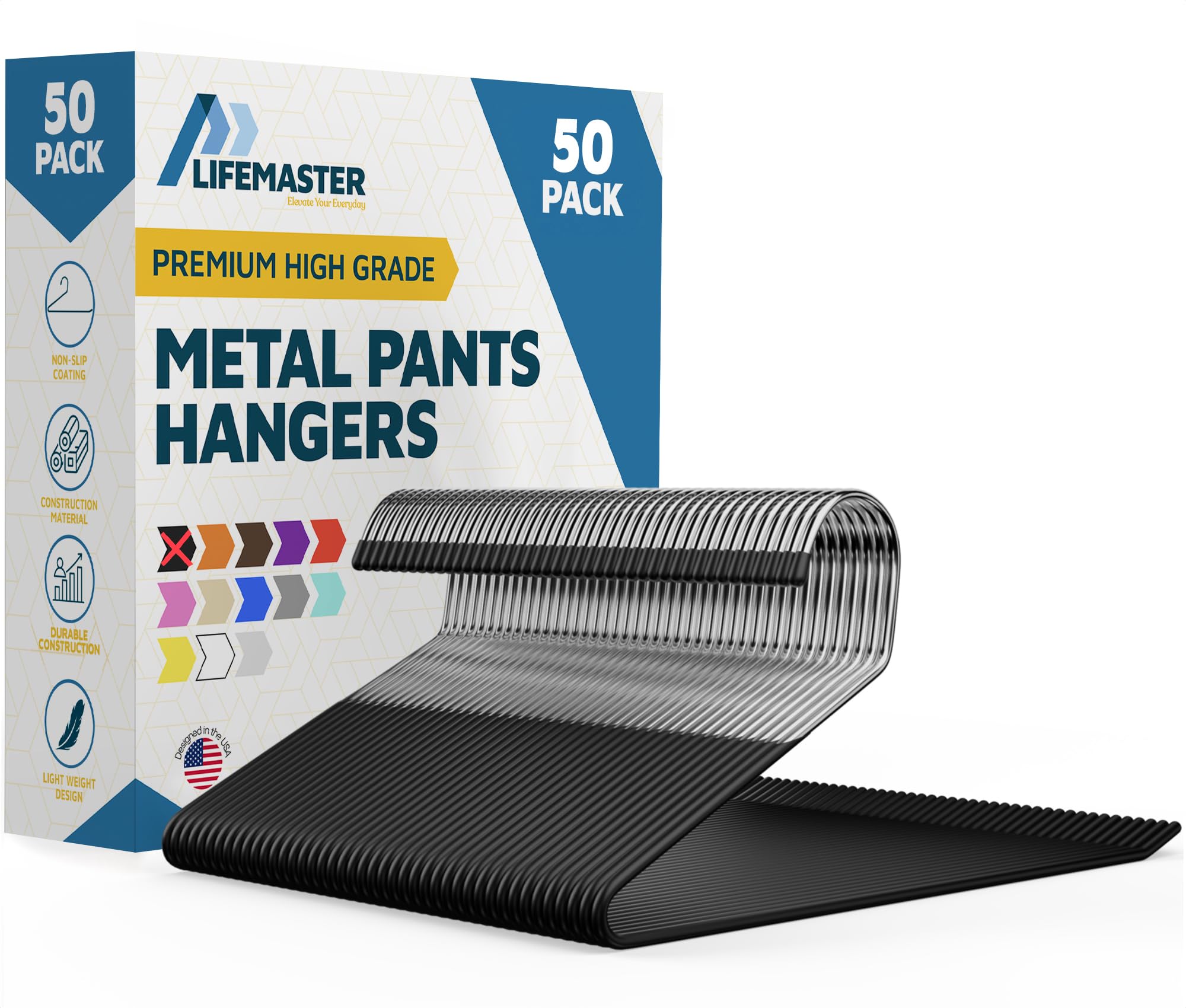 Lifemaster Metal Pants Hanger Set - 50 Pieces Elegant Non-Slip Closet Space Saving Hanger Set for Pants, Trouser, Blankets, and Jeans with Rubber Coating and Open Ended Sleek Design - Black Image Lifemaster Metal Pants Hanger Set - 50 Pieces Elegant Non-Slip Closet Space Saving Hanger Set for Pants, Trouser, Blankets, and Jeans with Rubber Coating and Open Ended Sleek Design - Black Image