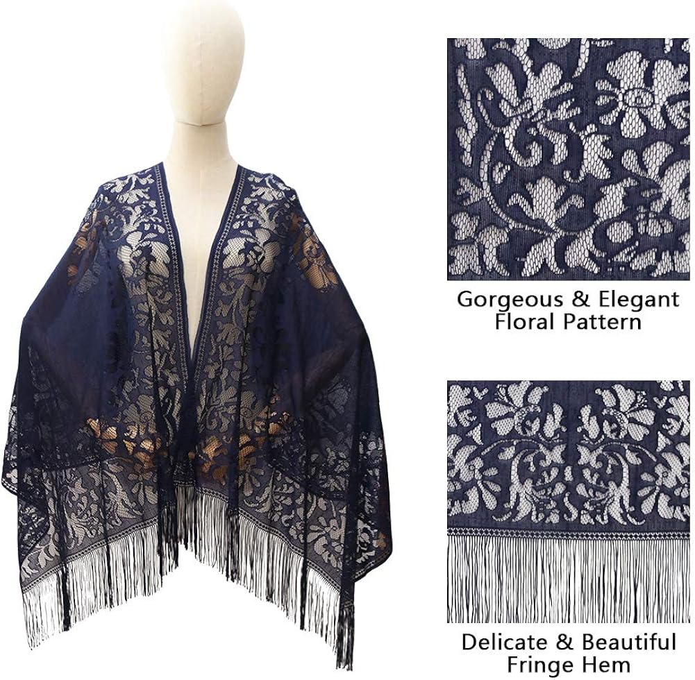 Ladiery Women's Floral Lace Scarf Shawl with Tassels, Soft Mesh Fringe Wraps for Wedding Evening Party Dresses - Image 5