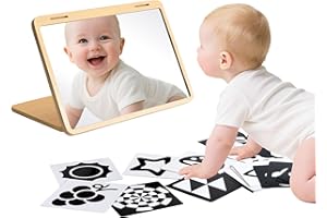 BITICOLOR Tummy Time Mirror for Baby - Montessori Adjustable Infant Floor Mirror with Black and White High Contrast Cards