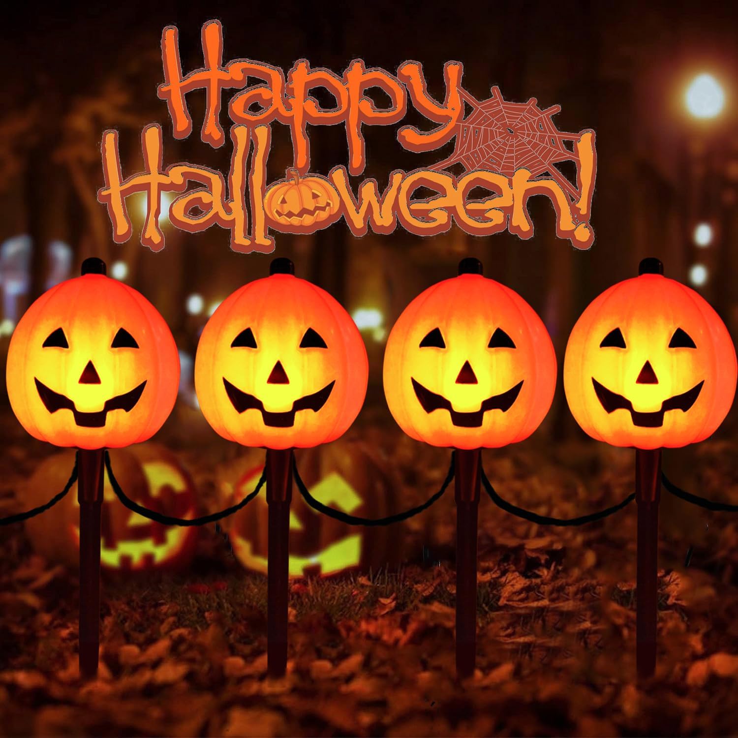 Decorative Garden Stakes - Jasneniebo Set of 4 Fall and Halloween Pumpkin Plug in C7 Pathway Lights 7 Ft Extendable Outdoor String Lights Garden Walkway Driveway Lawn Stake Decoration