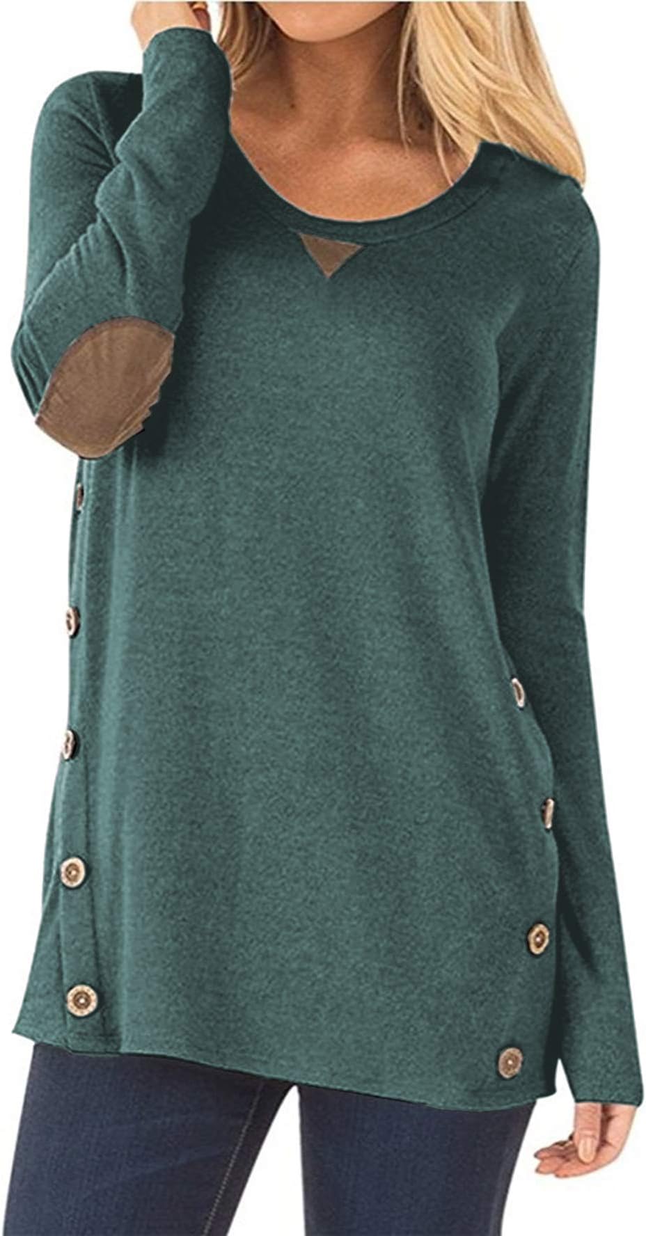 iGENJUN Women's Side Buttons Long Sleeve Tunic Sweater Elbow Patched Loose Blouse Tops