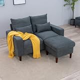 Panana Linen Fabric Love Seat Couch 2 Seater Grey with Footstool view 8