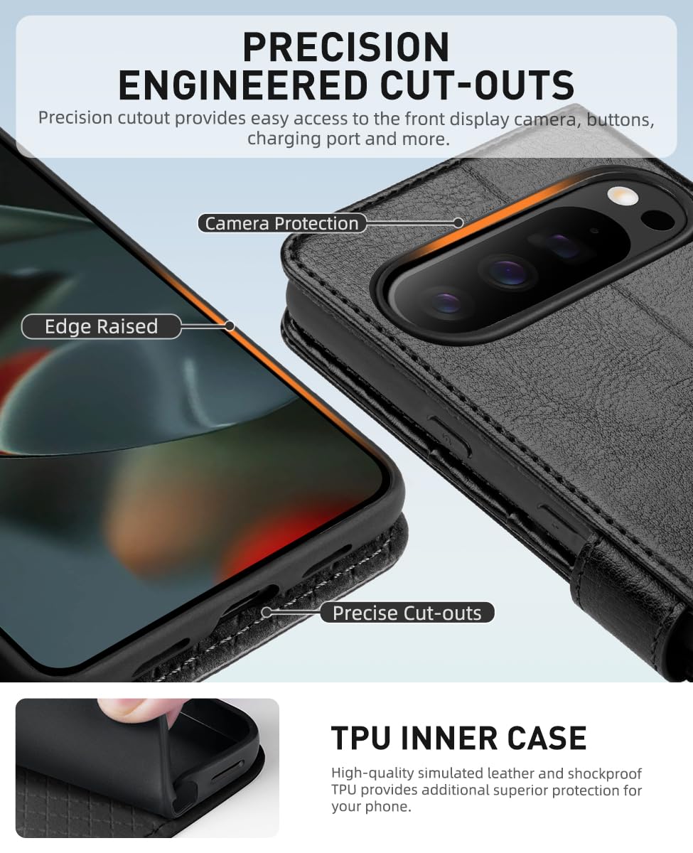 OCASE Kompatibel für Google Pixel 10 Pro XL Hülle PU Leder [Standfunktion] [Kartenfach] [RFID-Sperrung Schützt] Handyhülle Lederhülle Klapphülle Kartenfach Flip Cover Schwarz 5