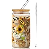 Lallisa Christian Sunflower Gifts for Women 15 oz Iced Coffee Glass Cups with Bamboo Lid and Straw Inspirational Bible Verse Can Cups Religious Sunflower Drinking Jars for Beer Mom Her Friend Wife
