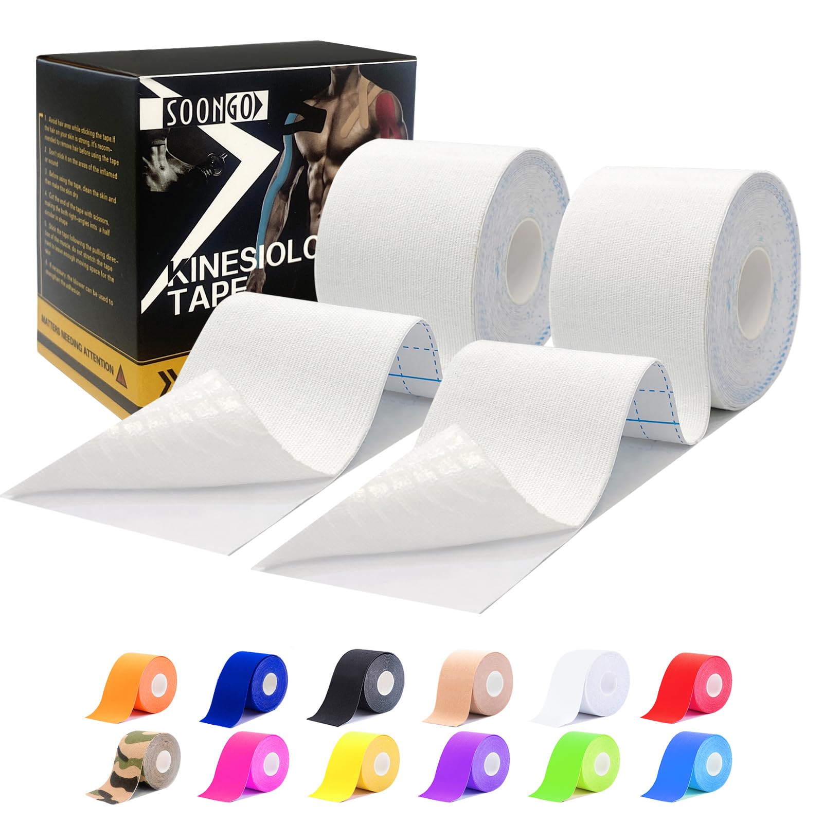 Kinesiology tapes1/2/5 Rolls Relieve Muscle Soreness and Strain Shoulders Wrists Knees Ankles Elastic Waterproof Good Air Permeability Hypoallergenic White 5cm*5m By SOONGO