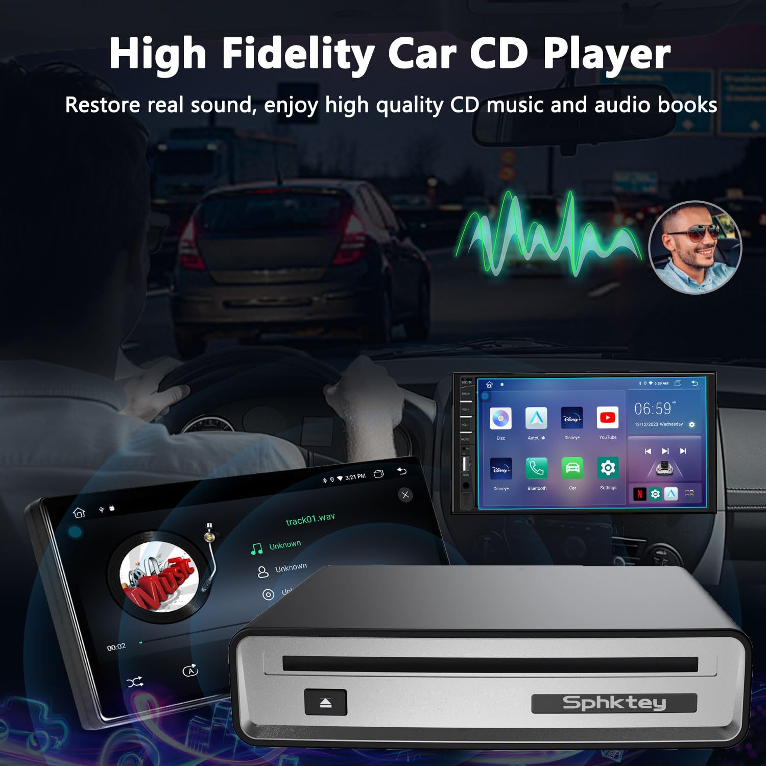 External Portable Car USB or AUX Connected CD Player, DC 5V,Plug and Play, Suitable for Various Cars, Outdoor Speakers, PC and TV