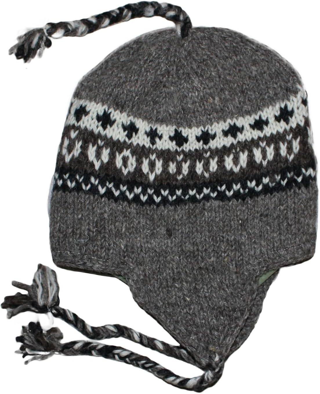 Sherpa Designs Hand Knit Unisex Wool Beanie Hat Ear Flap Fleece Lined Nepal (Black Gray): Clothing