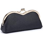 mpeak filters Full Grain Leather Eyeglass &amp; Sunglasses Case for Women | Vintage Kiss-lock Closure, Multi-use Pouch for Glasses, Lipstick, and Small Personal Items