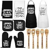 Bencailor 13 Pcs Kitchen Accessories Set, Dish Hand Towels Kitchen Apron Oven Mitts and Pot Holders Sets Rustic Vintage Wooden Spoons Black White Dishcloths for Home Decorations Gifts