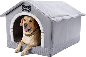 Jiupety Indoor Dog House with Frame, Large Dog Cave Bed, Insulated Cozy, Suitable for 60-100 lb, Jumbo (38"×30"×28"), Gray
