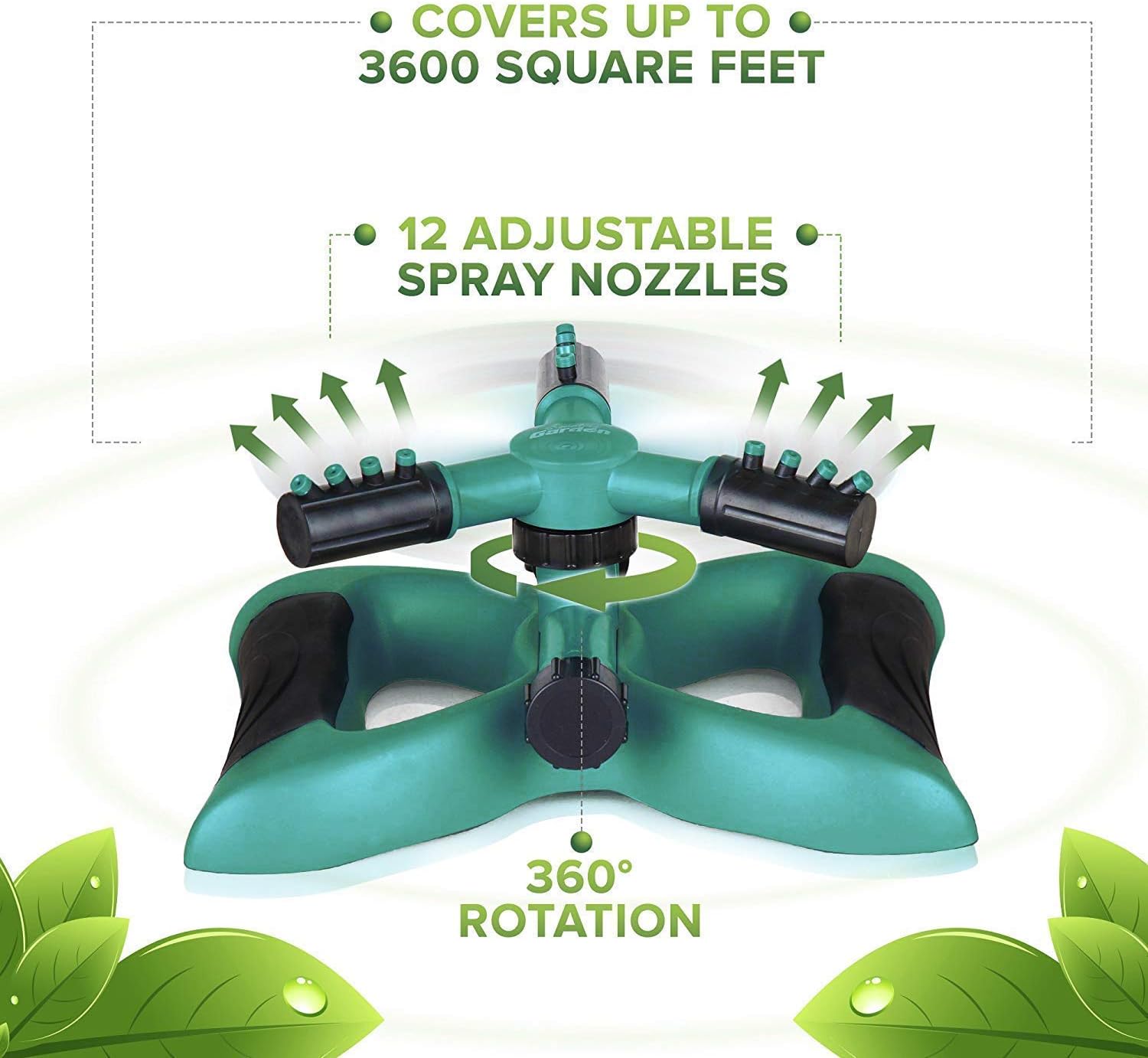 Signature Garden Three-Arm Sprinkler, 12 Built-in Spray Nozzles, 360 Degree Rotation & 3600 Sq Ft Coverage : Garden & Outdoor
