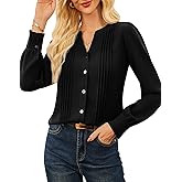 Black Tops for Women Business Dressy Casual Henley V Neck Long Sleeve Blouses Pleated Button Down Shirts Fall Outfits 2025, Small