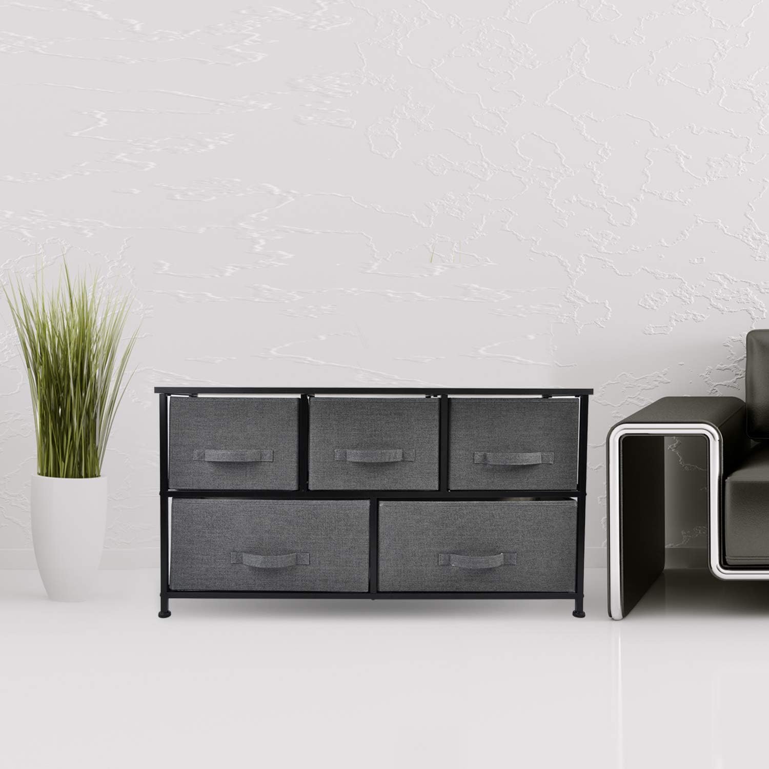 CERBIOR Wide Drawer Dresser Storage Organizer 5-Drawer Closet Shelves, Sturdy Steel Frame Wood Top with Easy Pull Fabric Bins for Clothing, Blankets - Charcoal: Home Improvement