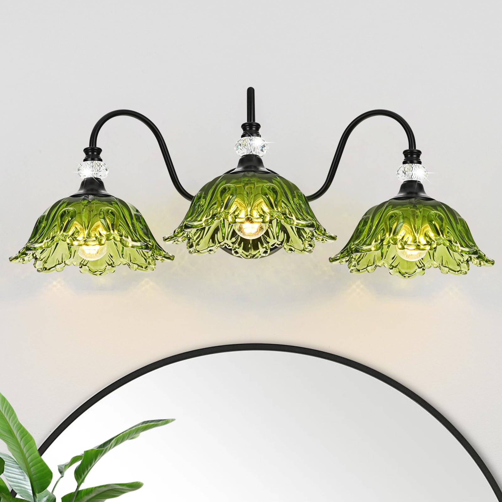 Photo 1 of sunkryster Black Bathroom Vanity Light,3-Light Vanity Light with Floral Green Glass Shades,Vintage Farmhouse Wall Mount Lighting for Bathroom, Dressing Table