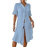 Bsubseach 2026 Cotton Beach Cover Up for Women - Long Button Down Swimsuit Coverup Bathing Suit Shirt Dress Vacation Outfits