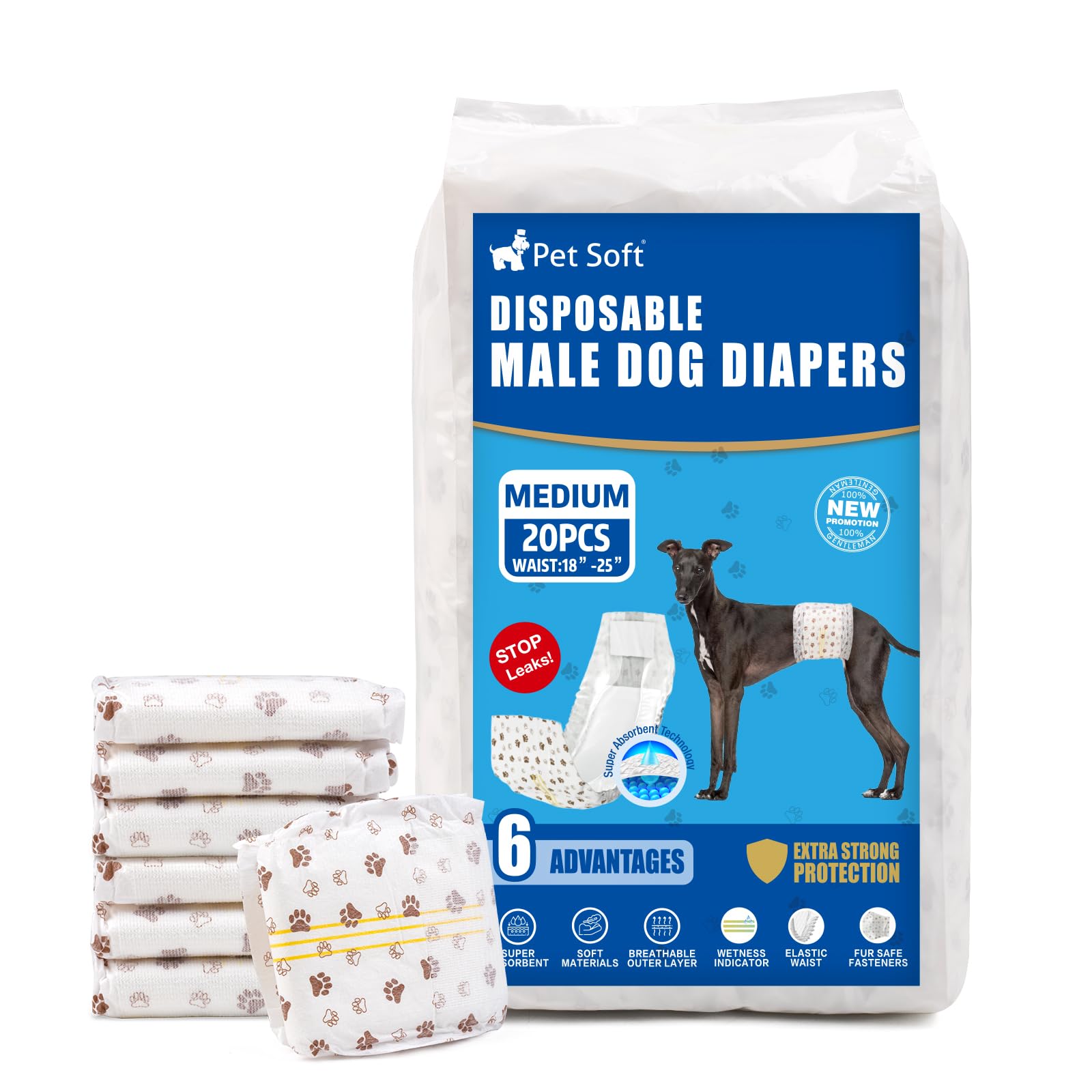 Pet Soft Dog Nappies Male- 20 Counts Disposable Male Dog Wraps, Super Absorbent Puppy Dog Diapers Incontinence Nappy Wraps with Wetness Indicator (M-20 Count)