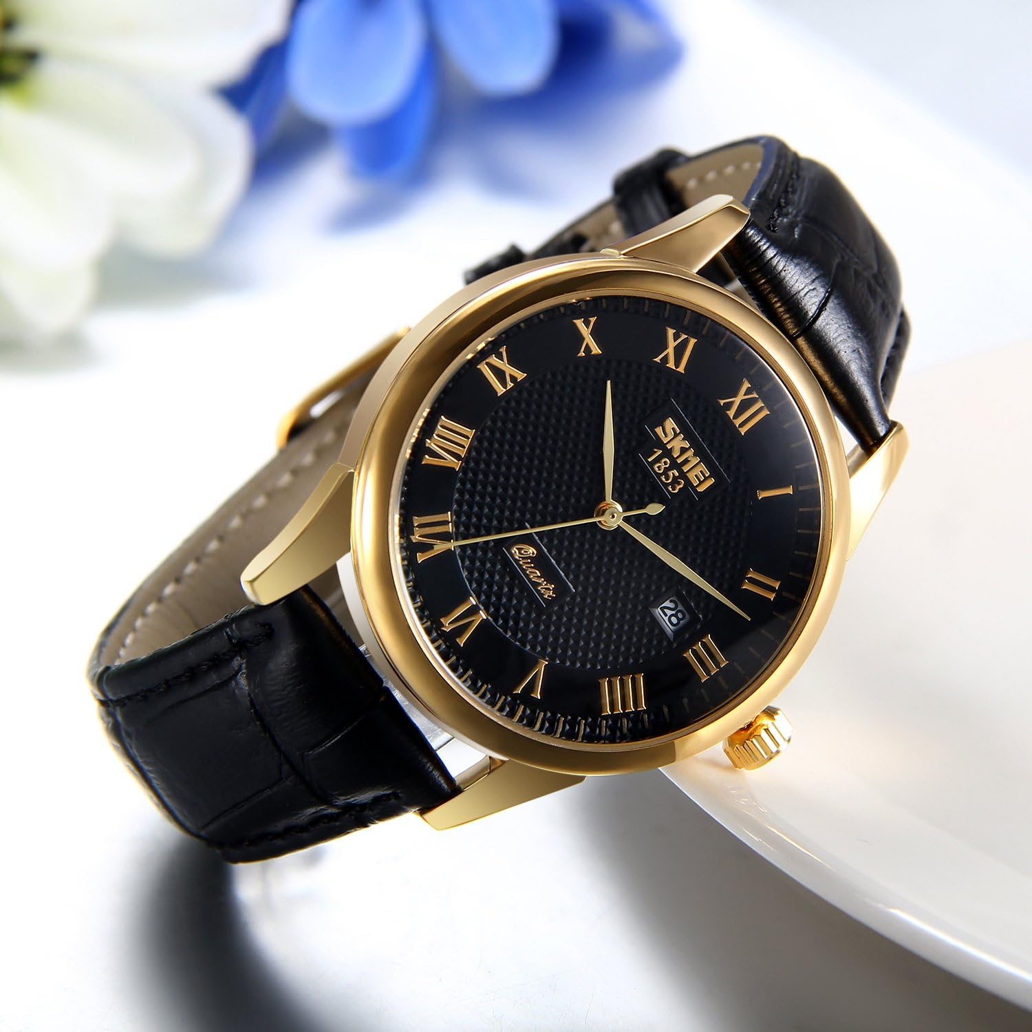 JewelryWe Men's Business Quartz Watch with Roman Numeral Dial and Round Calendar and Black Leather Alloy Strap with Gift Bag - Image 4