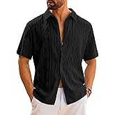 LecGee Men's Summer Button Down Shirt Short Sleeve Eyelet Hollow Out Lace Top See Thru Beach Hawaiian Shirt Casual Daily