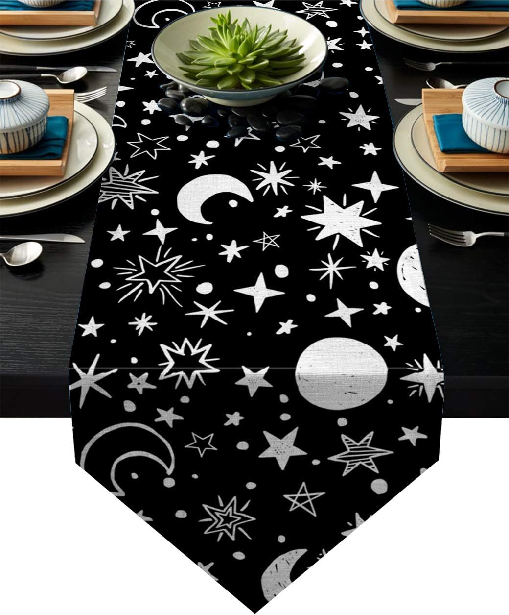 Fandim Fly Dining Table Runner 13 x 90 Inch, Moon and Star Universe Night Sky Pattern Table Runners for Morden Stylish Wedding Party Holiday Table Setting Decor