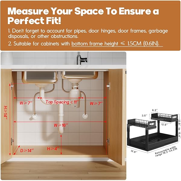 1 PACK EXPANDABLE UNDER SINK ORGANIZERS AND STORAGE WITH UPGRADE BALL-BEARING SLIDE TRACKS,2-TIER PULL OUT UNDER CABINET ORGANIZER HEIGHT ADJUSTABLE,SLIDE OUT UNDER SINK DRAWERS-BLACK(PATENT PENDING)
