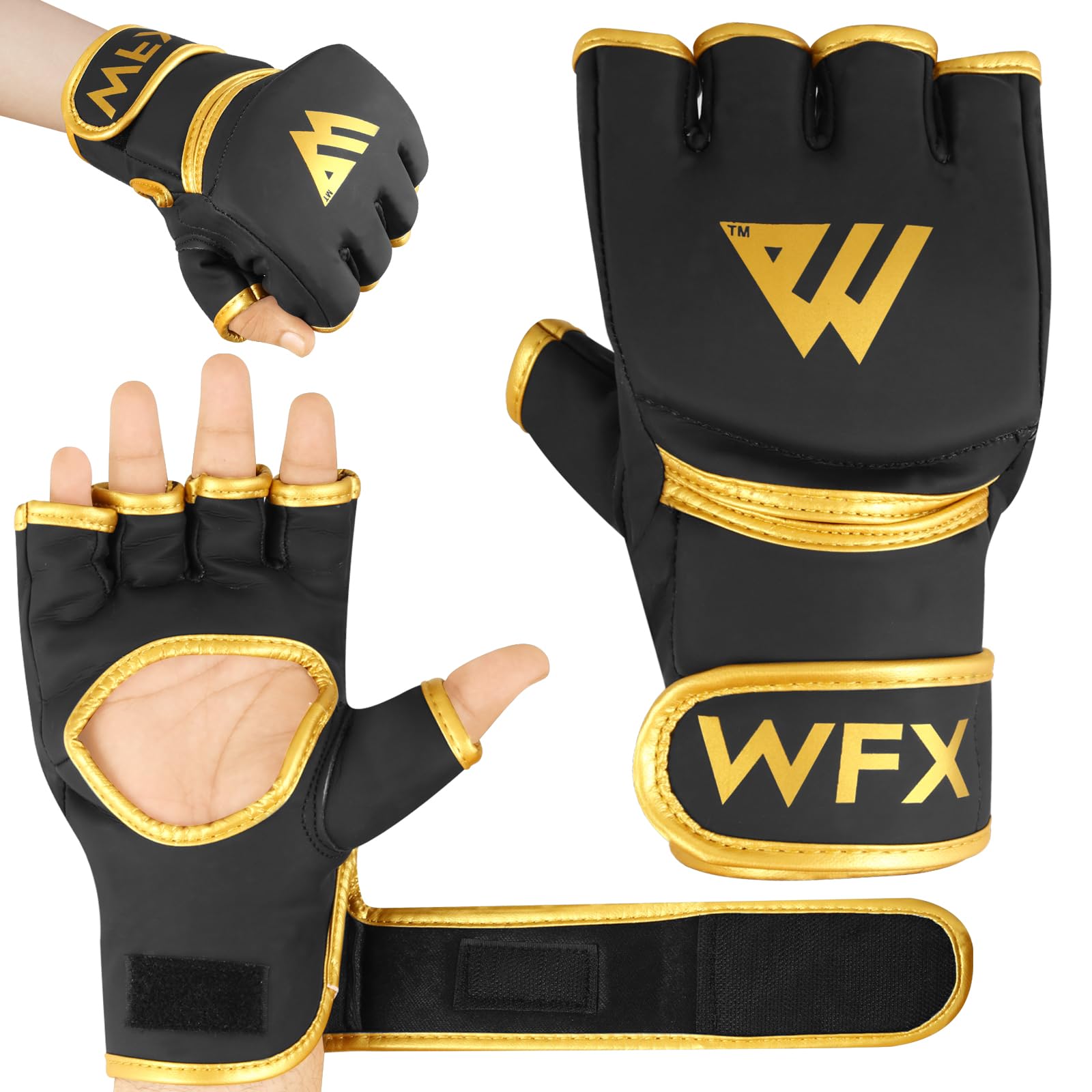 WFX MMA Boxing Gloves Open Palm Padded Knuckles Fist Wraps Martial Arts Training Leather Gloves Sparring Grappling Speed Bag Combat Mitts Kickboxing Punching Muay Thai Cut Pad Support (Golden, XL)