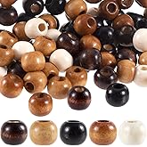 HINZIC 50PCS Wooden Beads for Hair, 9x10 mm Large Hole Macrame Bead, Natural Wood Hair Bead, Round Loose Spacer Beads for Making Handmade Craft Bracelet Necklace -5 Colors