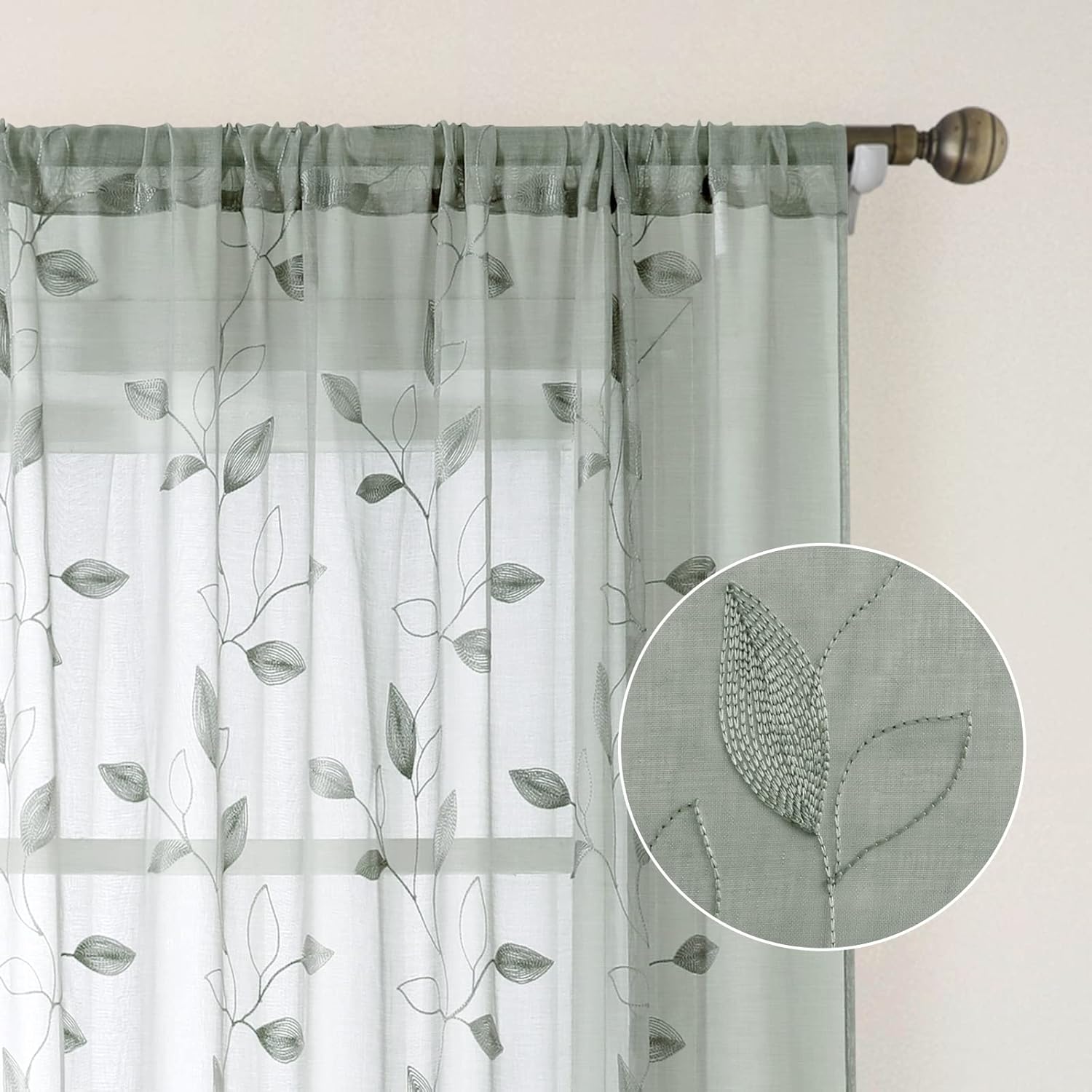 Window Treatments - HOMEIDEAS Sage Green Sheer Curtains 52 X 63 Inches Length 2 Panels Embroidered Leaf Pattern Pocket Faux Linen Floral Semi Sheer Voile Window Curtains/Drapes for Bedroom Living Room