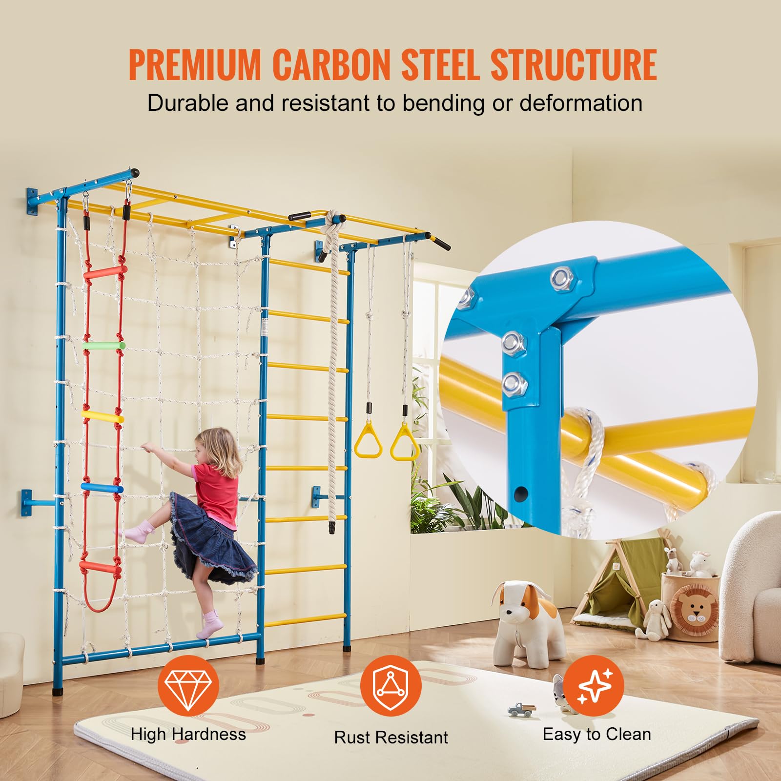 VEVOR Indoor Jungle Gym for Toddlers, 7-in-1 Climbing Playset with Carbon Steel Swedish Ladder, Wall Ladder, Pull-Up Bar, Rope Ladder, and Gymnastic Rings, Supports 220 lbs, Multicolor