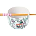 Silver Buffalo Sanrio Hello Kitty and Friends Keroppi Fishing Green Stripes Ceramic Ramen Noodle Rice Bowl with Chopsticks, Microwave Safe, 20 Ounces