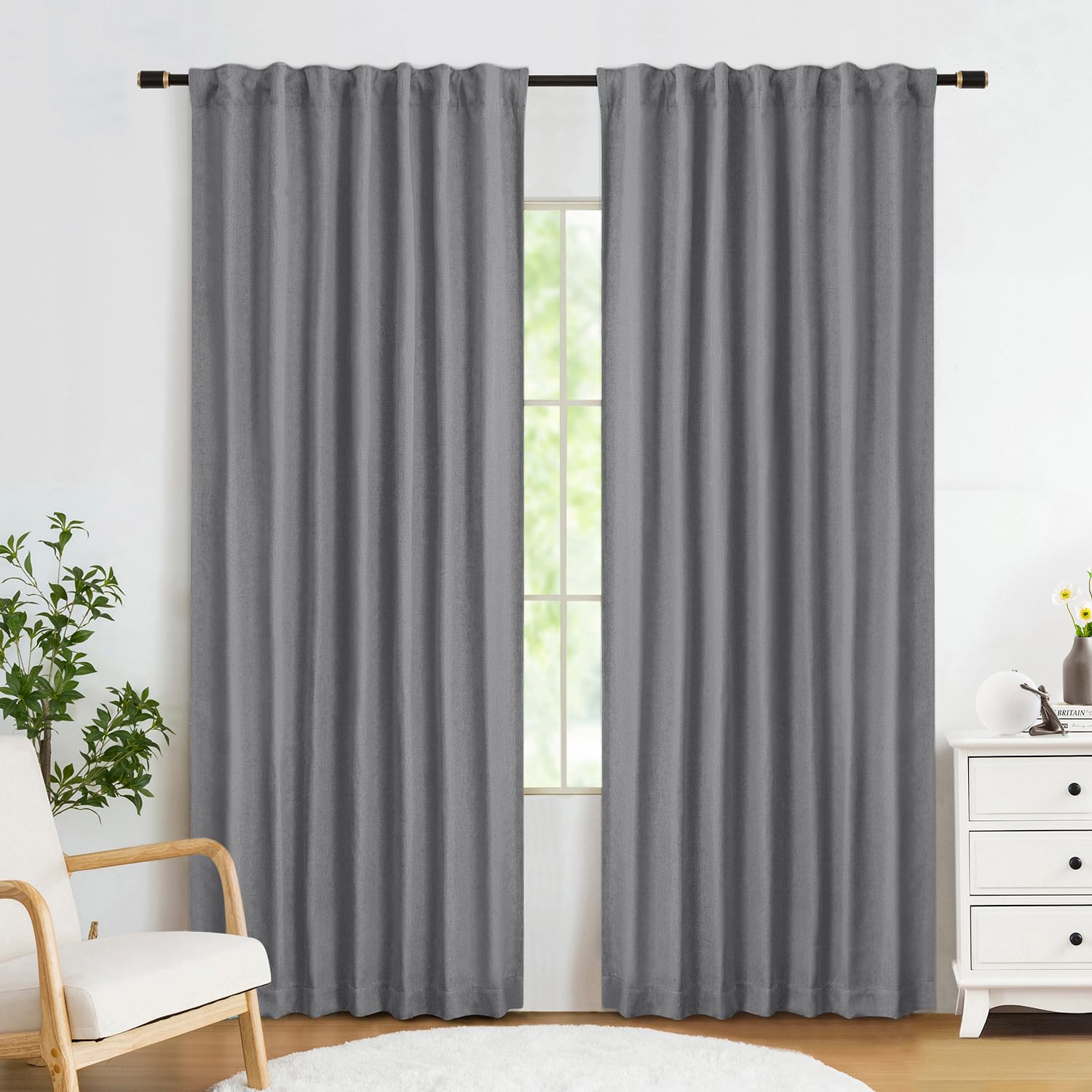Abstractex Grey Full Blackout Curtains 72 Inch Long for Bedroom, Linen Textured Back Tab Thermal Insulated Drapes Rustic Farmhouse Rod Pocket Window Treatments for Living Dining Room 52" W 2 Panels
